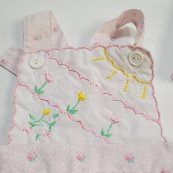 Vintage 90s Mayfair Pastel Pink Tulip Embroidery Baby Romper and Bonnet - Picture 2 of 13